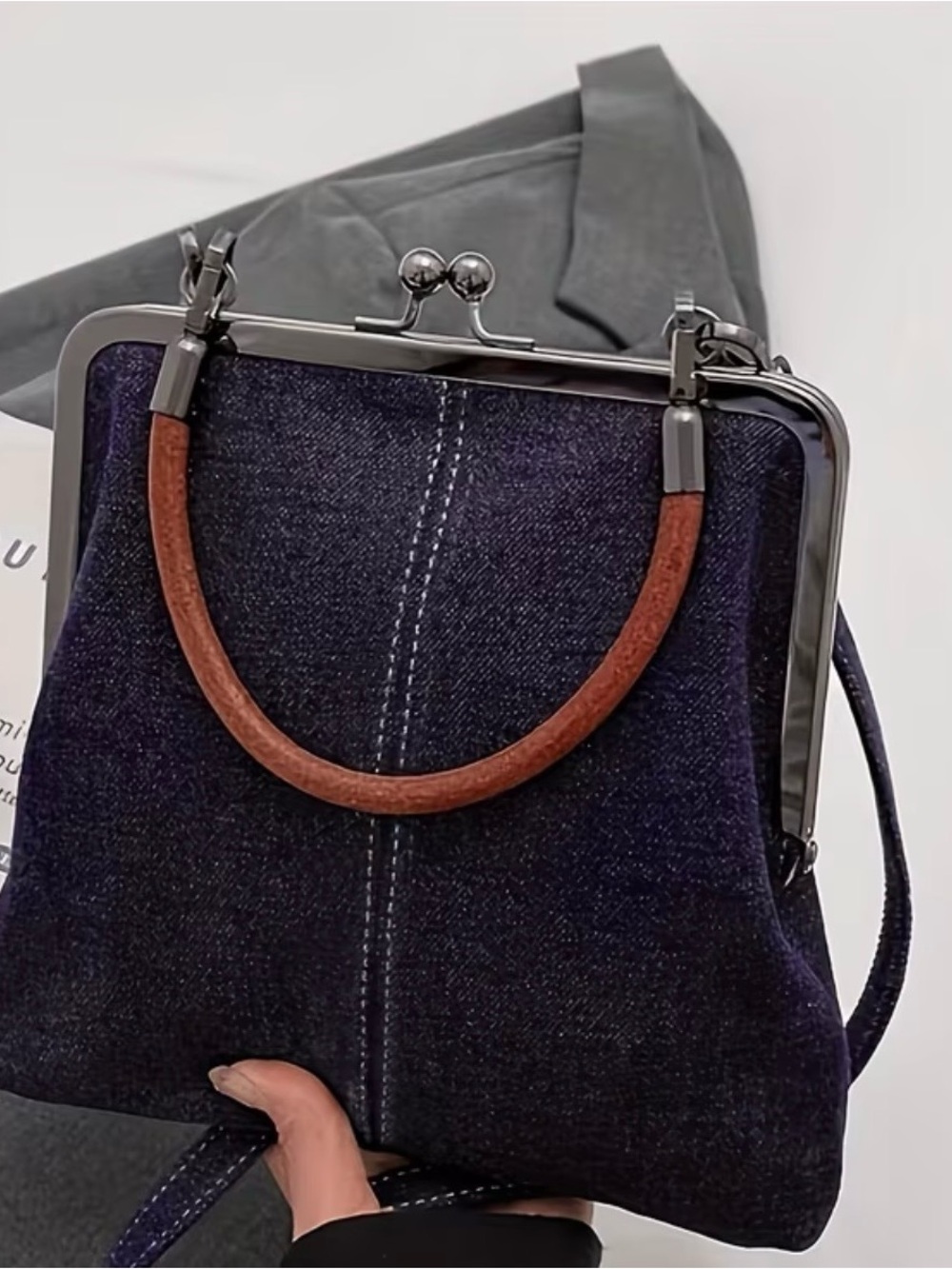 Classic Denim Frame Top-Handle Bag in Dark Blue with Brown Accent ~by GECKO